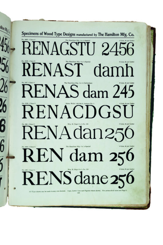 antique original wood type specimen catalog from wood type manufacturers in the 1800s featuring Caslon type