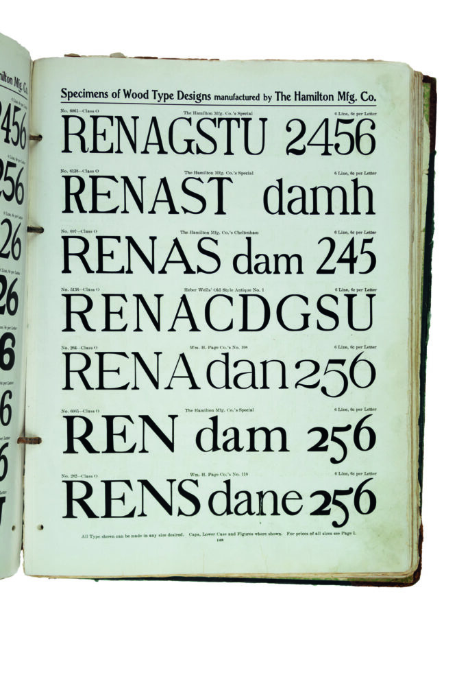 antique original wood type specimen catalog from wood type manufacturers in the 1800s featuring Caslon type