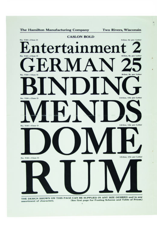 antique original wood type specimen catalog from wood type manufacturers in the 1800s featuring Caslon Bold type