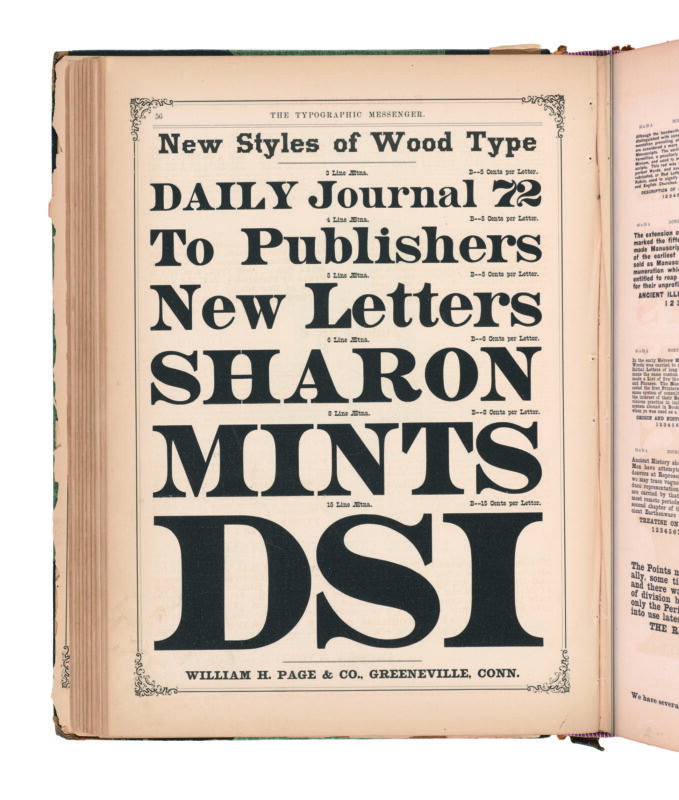 antique original wood type specimen catalog from wood type manufacturers in the 1800s featuring Aetna type