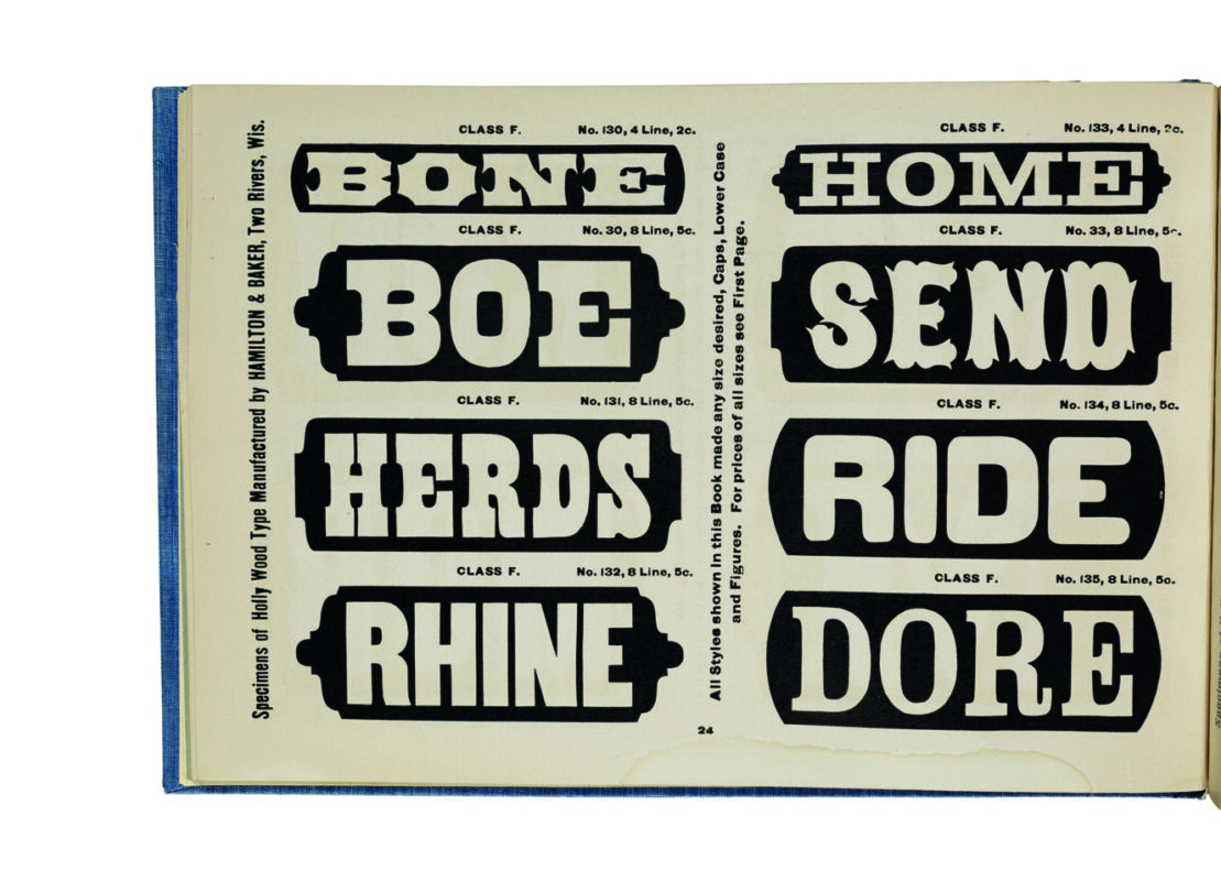 antique original wood type specimen catalog from wood type manufacturers in the 1800s featuring Antique Light Face Extended Reversed type