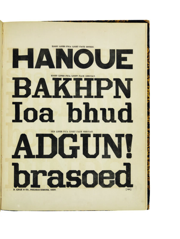 antique original wood type specimen catalog from wood type manufacturers in the 1800s featuring Gothic Light Face type