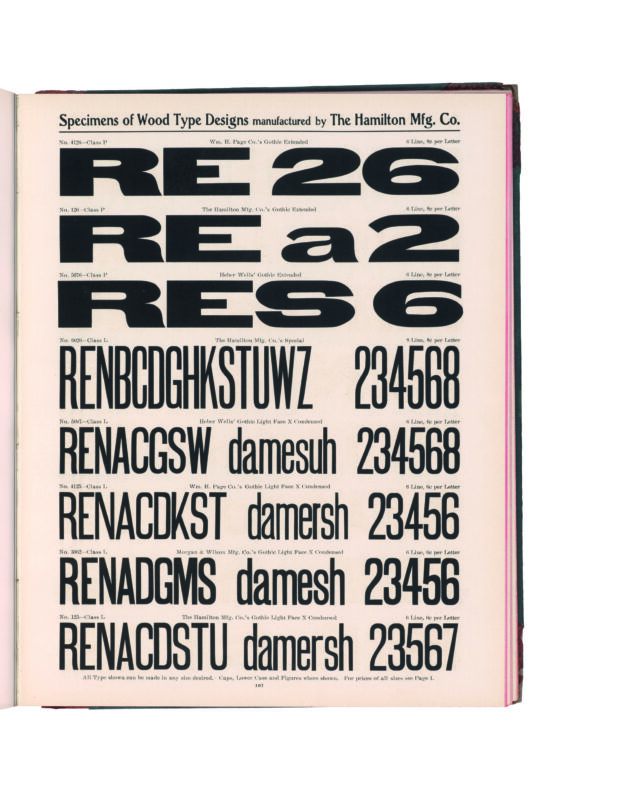 antique original wood type specimen catalog from wood type manufacturers in the 1800s featuring Gothic Special type