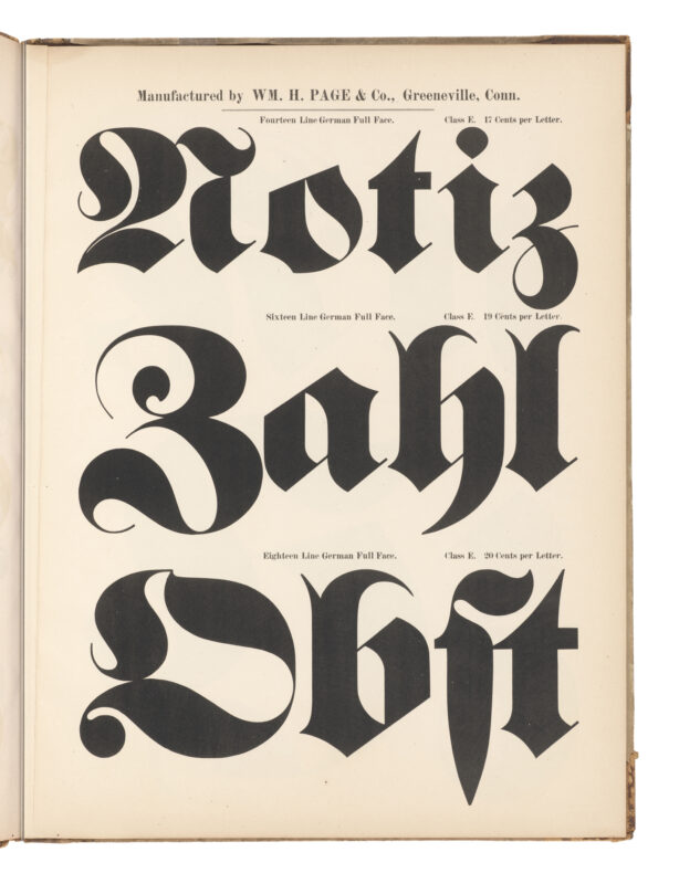 antique original wood type specimen catalog from wood type manufacturers in the 1800s featuring German Full-face type