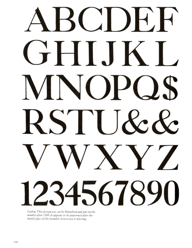 Caslon specimen book page from American Wood Type 1828-1900 by Rob Roy Kelly