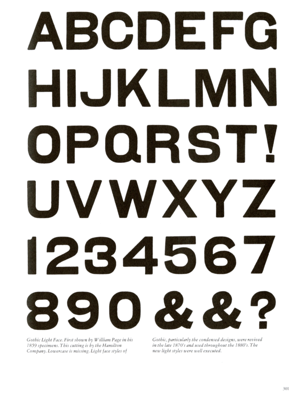 Gothic Light Face specimen book page from American Wood Type 1828-1900 by Rob Roy Kelly