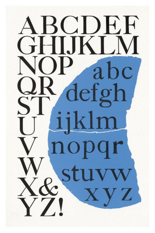 letterpress print wood type specimen from the Rob Roy Kelly American Wood Type Collection Folio Revisited, lowercase and uppercase letters printed in two overlapping layers using black and blue ink