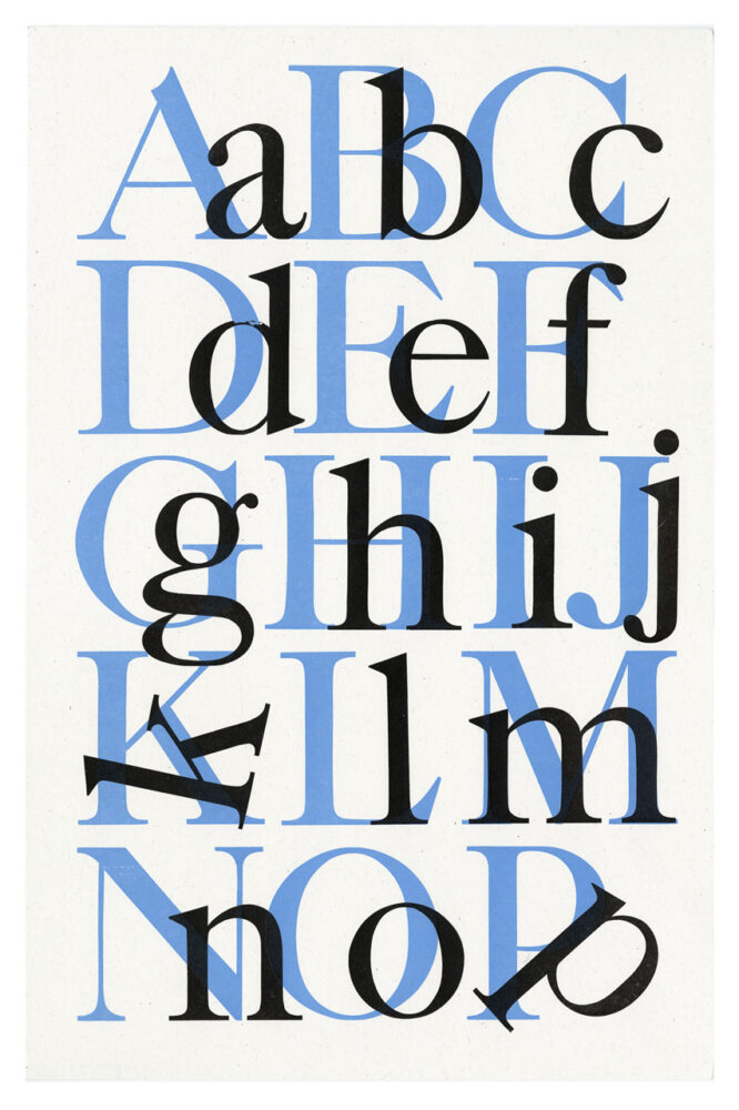 letterpress print wood type specimen from the Rob Roy Kelly American Wood Type Collection Folio Revisited, lowercase and uppercase letters printed in two overlapping layers using black and blue ink