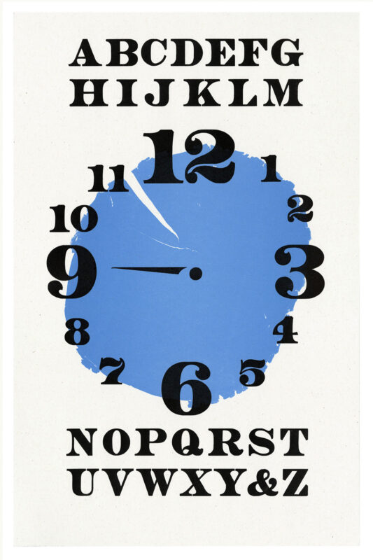 letterpress print specimen of wood type from the Rob Roy Kelly American Wood Type Collection Folio Revisited, black serifed type printed in a circle on top of a blue cross section of a tree to resemble a clock and the phrase tick tock