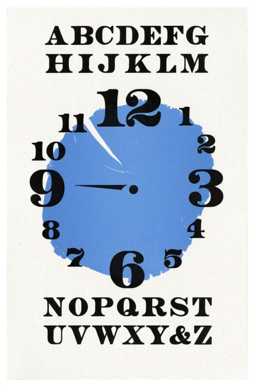 letterpress print specimen of wood type from the Rob Roy Kelly American Wood Type Collection Folio Revisited, black serifed type printed in a circle on top of a blue cross section of a tree to resemble a clock and the phrase tick tock