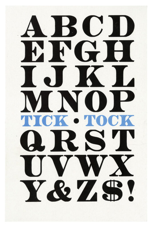 letterpress print specimen of wood type from the Rob Roy Kelly American Wood Type Collection Folio Revisited, black serifed type printed in a circle on top of a blue cross section of a tree to resemble a clock and the phrase tick tock