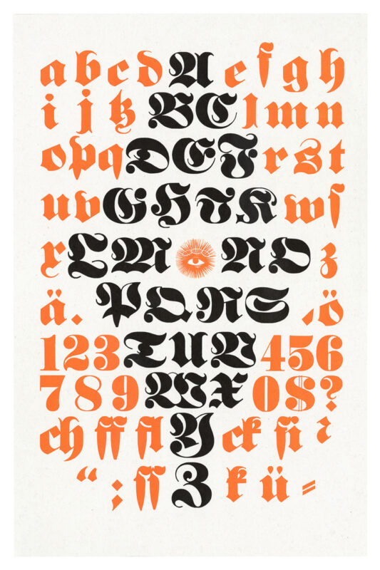 letterpress print specimen of wood type from the Rob Roy Kelly American Wood Type Collection Folio Revisited, black script letters in the shape of a diamond with a orange eye image in the center, and orange script letters surrounding the diamond to create a rectangle