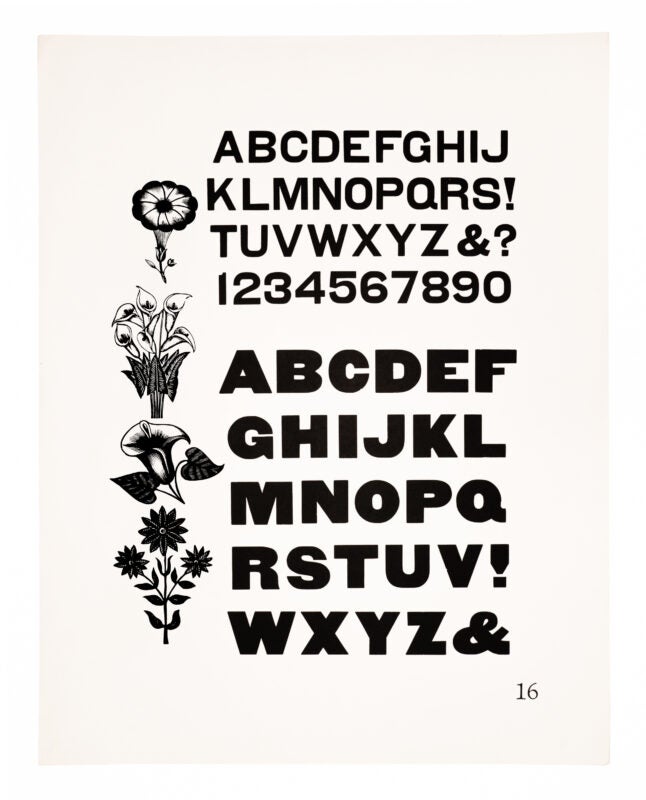 Two gothic style typefaces to the right of a column of different flower ornaments