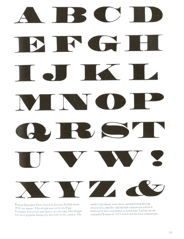 Roman Extended specimen book page from American Wood Type 1828-1900 by Rob Roy Kelly