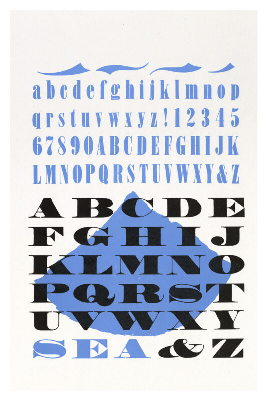 letterpress print specimen of wood type from the Rob Roy Kelly American Wood Type Collection Folio Revisited, thick serifed type configured to look like the ocean using blue and black ink