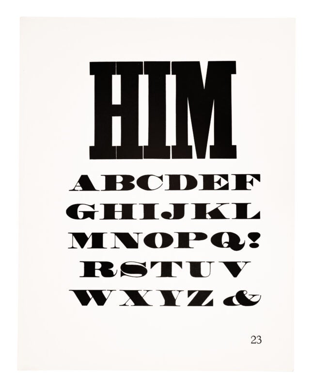 “HIM” in an antique-style typeface, atop a roman style typeface printed in black on white paper.
