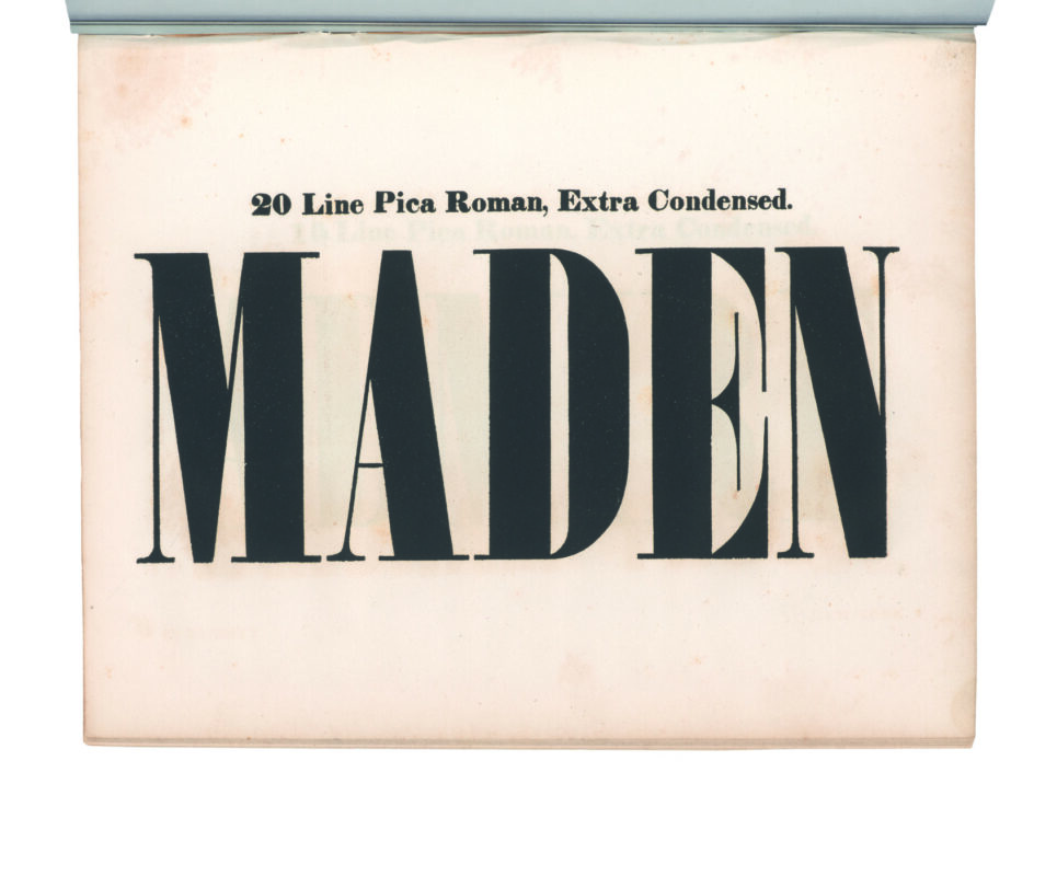 antique original wood type specimen catalog from wood type manufacturers in the 1800s featuring Roman X Condensed type