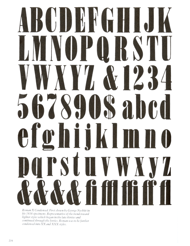 Roman X Condensed specimen book page from American Wood Type 1828-1900 by Rob Roy Kelly