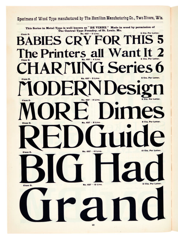 antique original wood type specimen catalog from wood type manufacturers in the 1800s featuring De Vinne type