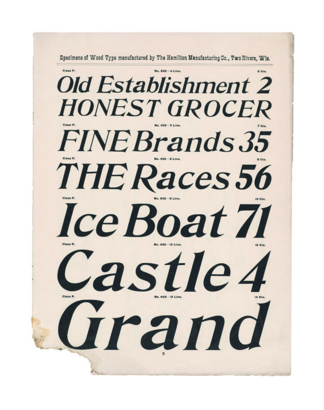 antique original wood type specimen catalog from wood type manufacturers in the 1800s featuring De Vinne Italic type