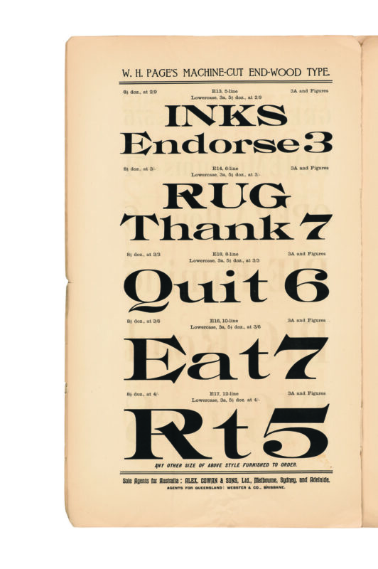 antique original wood type specimen catalog from wood type manufacturers in the 1800s featuring Unique (No 203) type
