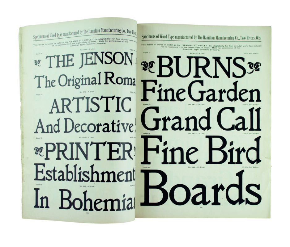 antique original wood type specimen catalog from wood type manufacturers in the 1800s featuring Jenson Old Style type