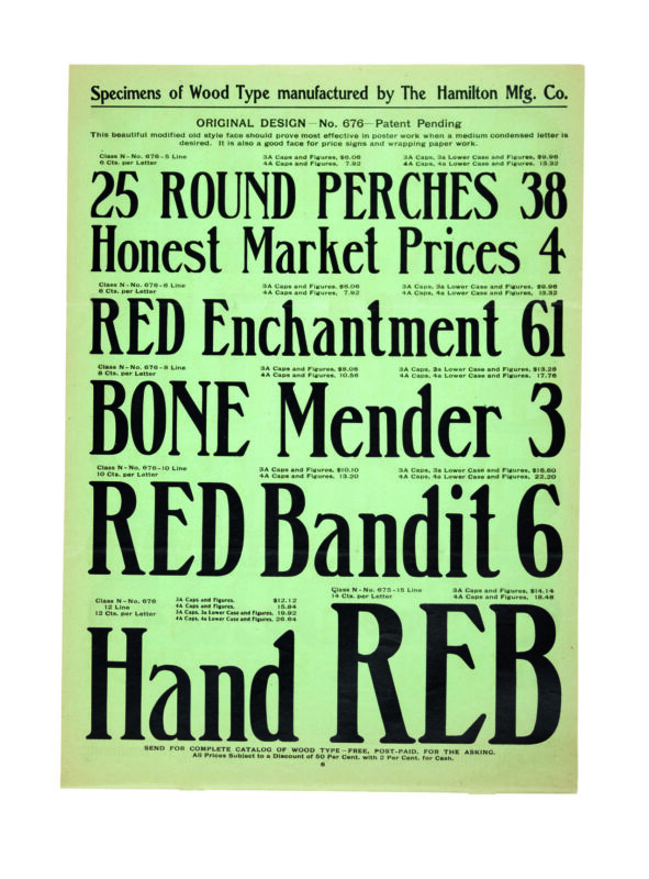 antique original wood type specimen catalog from wood type manufacturers in the 1800s featuring No 676 type