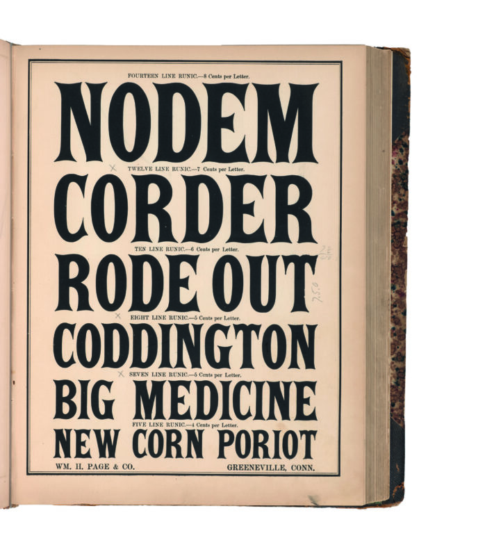 antique original wood type specimen catalog from wood type manufacturers in the 1800s featuring Runic type