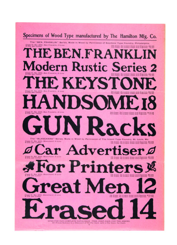 antique original wood type specimen catalog from wood type manufacturers in the 1800s featuring Ben Franklin type