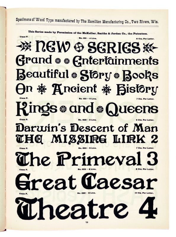 antique original wood type specimen catalog from wood type manufacturers in the 1800s featuring No 622 type