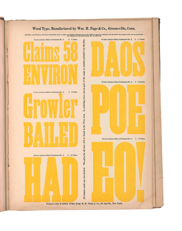 antique original wood type specimen catalog from wood type manufacturers in the 1800s featuring Antique X Condensed No. 3 type