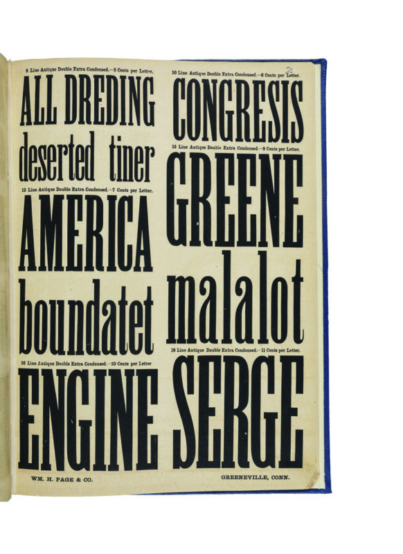 antique original wood type specimen catalog from wood type manufacturers in the 1800s featuring Antique XX Condensed No. 2 type