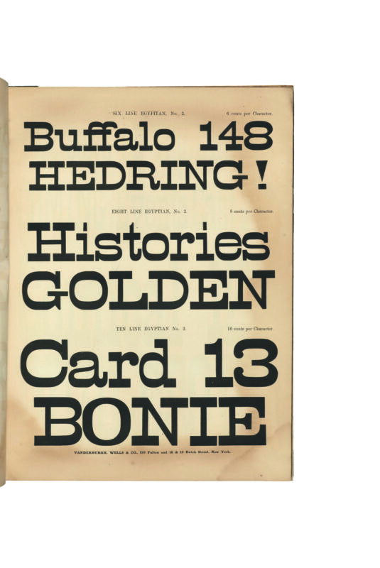 antique original wood type specimen catalog from wood type manufacturers in the 1800s featuring Egyptian No. 2 type