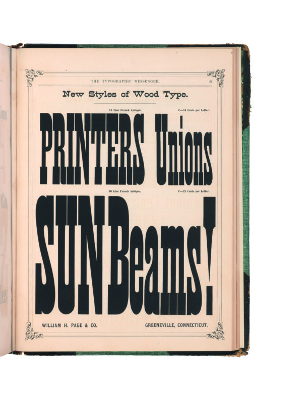 antique original wood type specimen catalog from wood type manufacturers in the 1800s featuring French Antique type