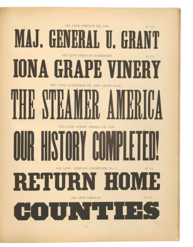 antique original wood type specimen catalog from wood type manufacturers in the 1800s featuring Grecian type