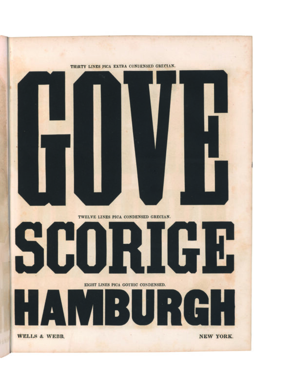 antique original wood type specimen catalog from wood type manufacturers in the 1800s featuring Grecian Condensed type