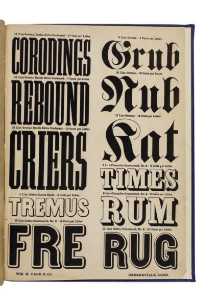 antique original wood type specimen catalog from wood type manufacturers in the 1800s featuring Grecian XX Condensed type