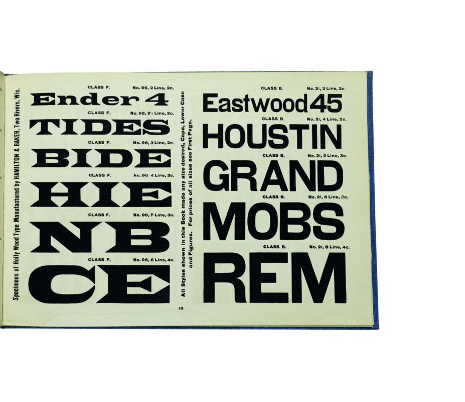 antique original wood type specimen catalog from wood type manufacturers in the 1800s featuring Latin Extended type