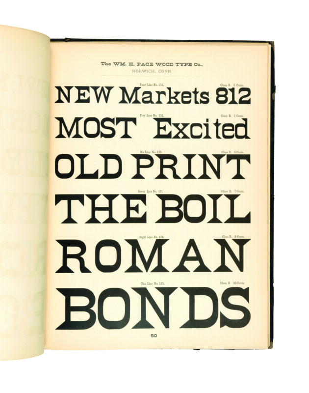 antique original wood type specimen catalog from wood type manufacturers in the 1800s featuring No. 131 type