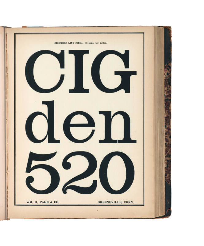 antique original wood type specimen catalog from wood type manufacturers in the 1800s featuring Ionic type