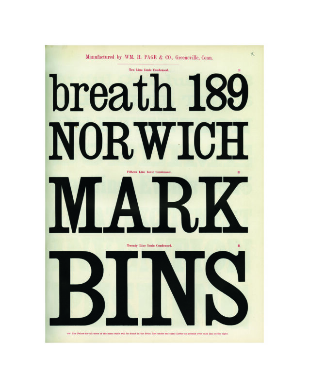 antique original wood type specimen catalog from wood type manufacturers in the 1800s featuring Ionic Condensed type