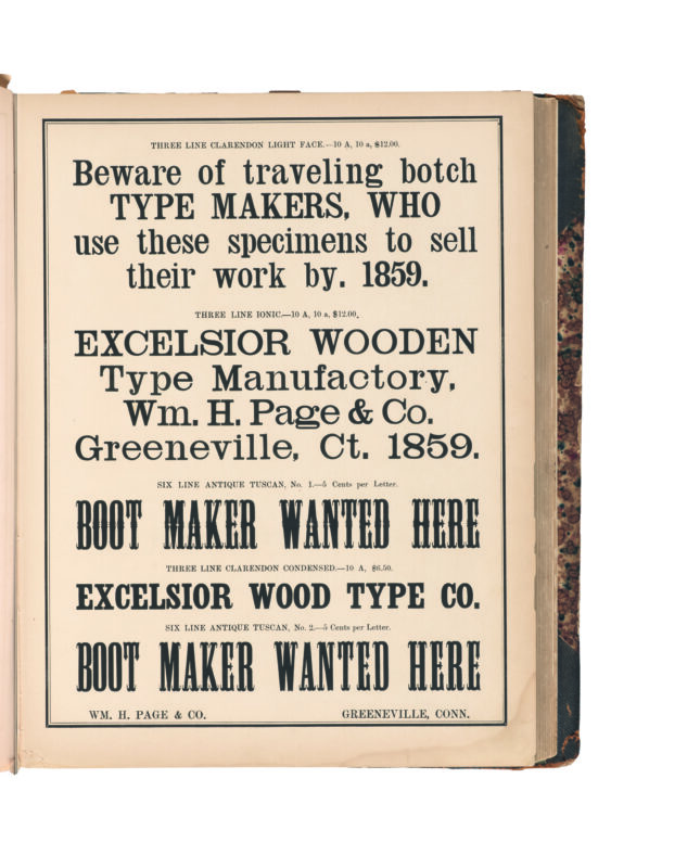 antique original wood type specimen catalog from wood type manufacturers in the 1800s featuring Clarendon Light Face type