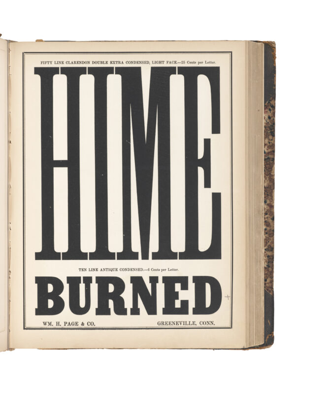 antique original wood type specimen catalog from wood type manufacturers in the 1800s featuring Clarendon Light Face XX Condensed type