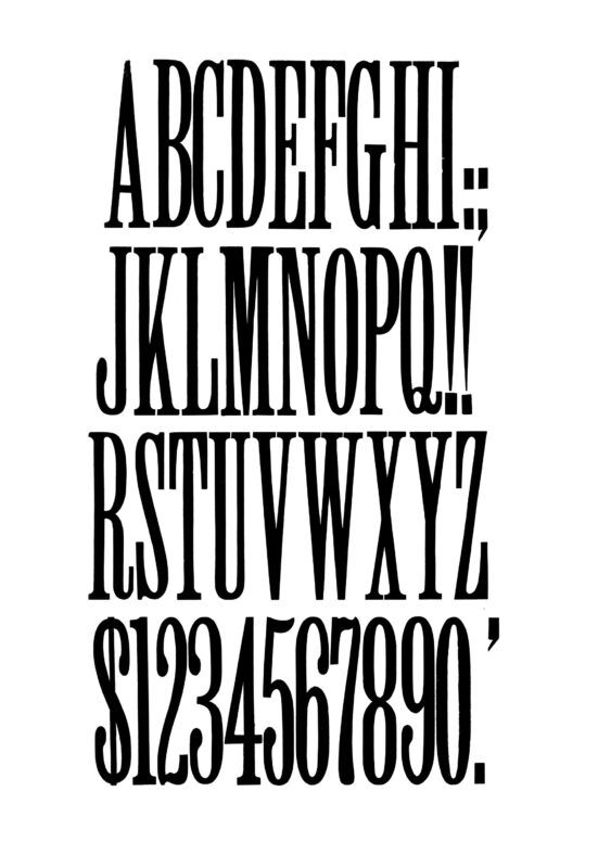 simple specimen of Clarendon Light Face XX Condensed wood type from the Rob Roy Kelly collection, printed in the UT Design Lab
