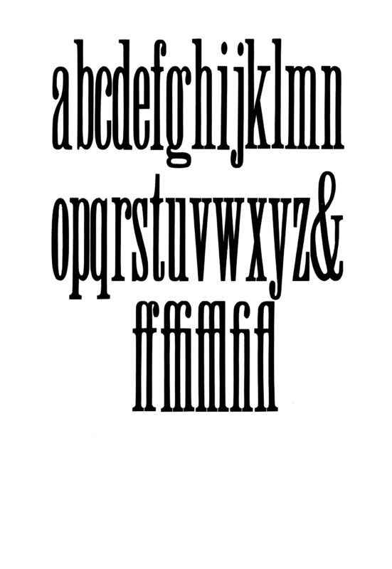 simple specimen of Clarendon Light Face XX Condensed wood type from the Rob Roy Kelly collection, printed in the UT Design Lab