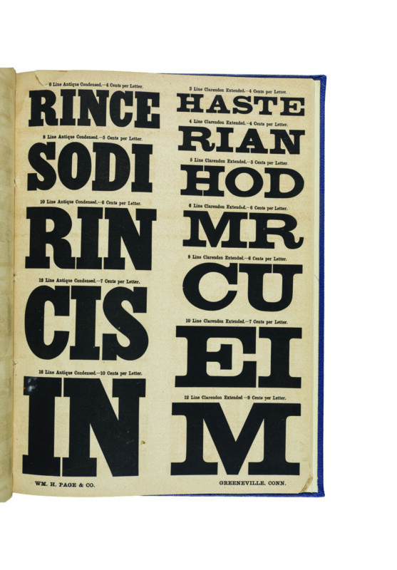 antique original wood type specimen catalog from wood type manufacturers in the 1800s featuring Clarendon Extended type
