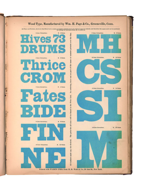 antique original wood type specimen catalog from wood type manufacturers in the 1800s featuring Columbian type