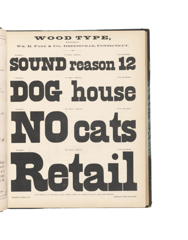 antique original wood type specimen catalog from wood type manufacturers in the 1800s featuring Aldine type