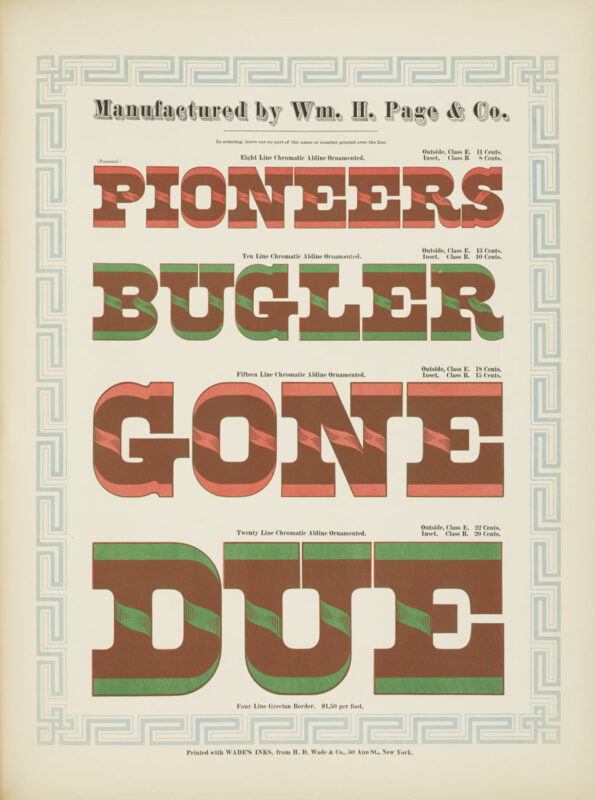 antique original wood type specimen catalog from wood type manufacturers in the 1800s featuring Aldine Ornamented type