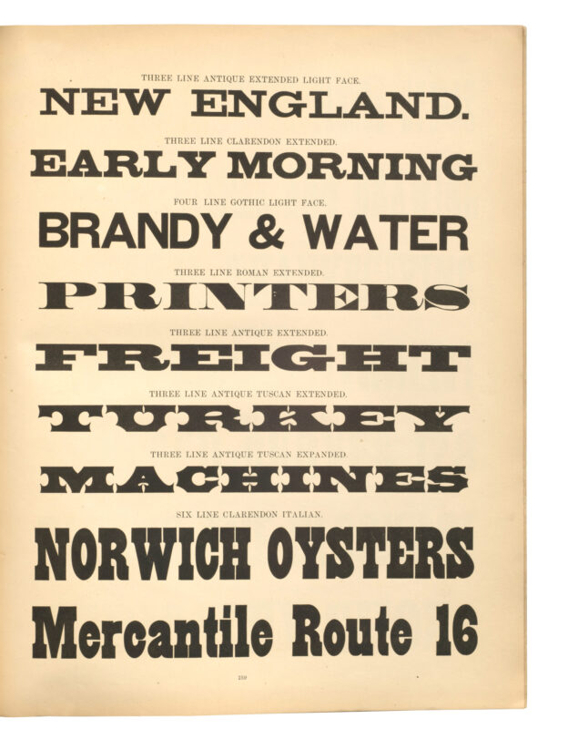 antique original wood type specimen catalog from wood type manufacturers in the 1800s featuring Clarendon Italian type